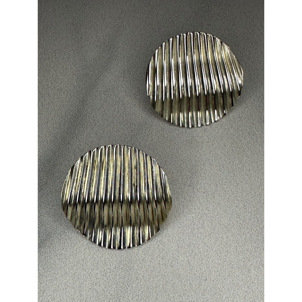 Vintage Silver Ribbed Corrugated Round Stud Earrings Modernist Scandi Statement